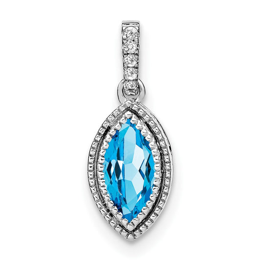 14k White Gold Marquise Blue Topaz and Real Diamond Pendant