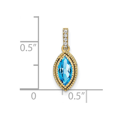 14K Yellow Gold Marquise Blue Topaz and Real Diamond Pendant