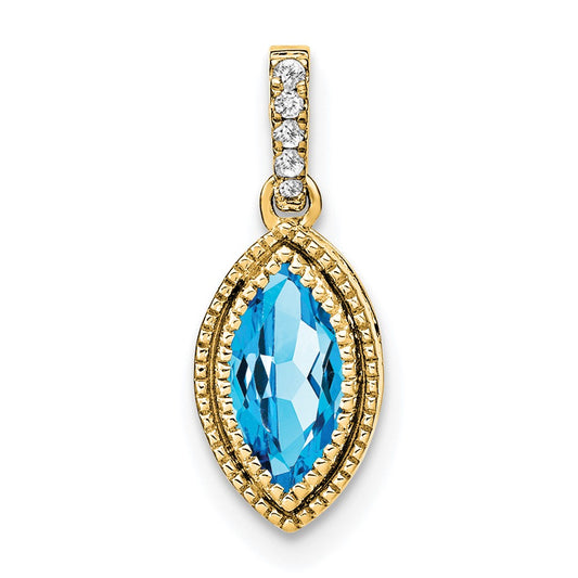 14K Yellow Gold Marquise Blue Topaz and Real Diamond Pendant