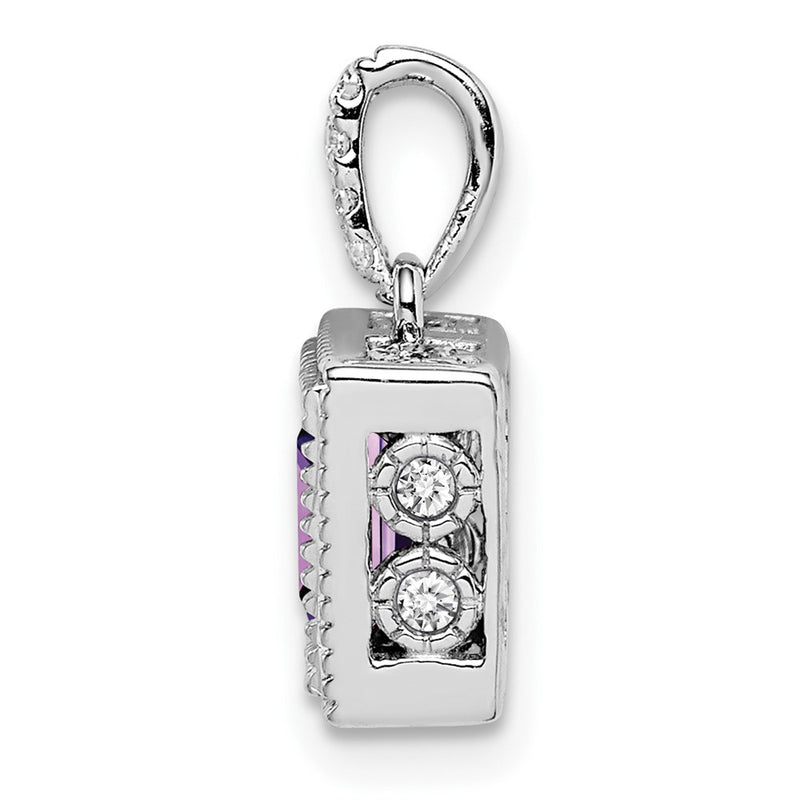 14k White Gold Square Amethyst and Real Diamond Pendant