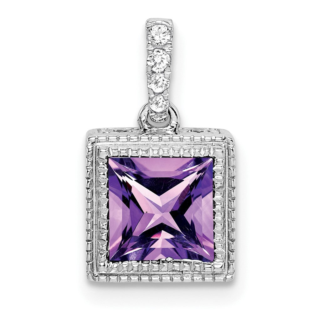 14k White Gold Square Amethyst and Real Diamond Pendant