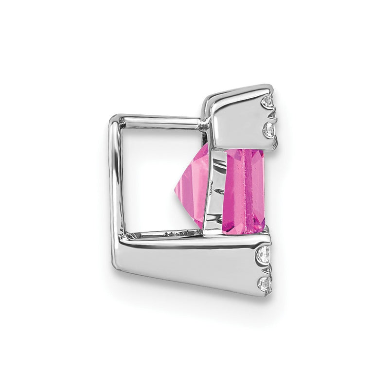 14k White Gold Square Created Pink Sapphire/Real Diamond Chain Slide