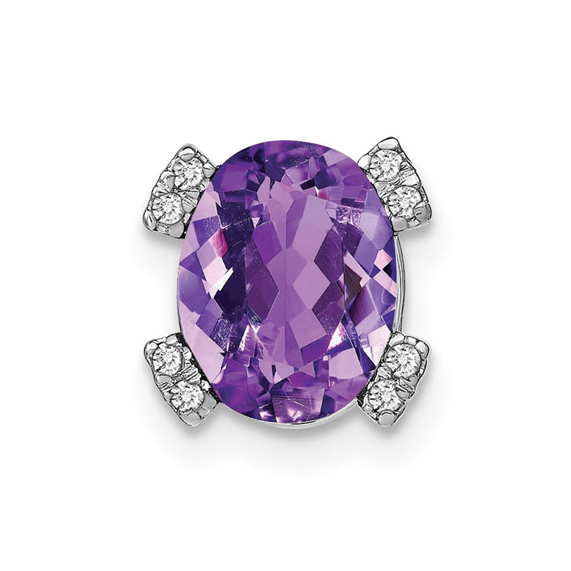 14k White Gold Oval Amethyst and Real Diamond Chain Slide