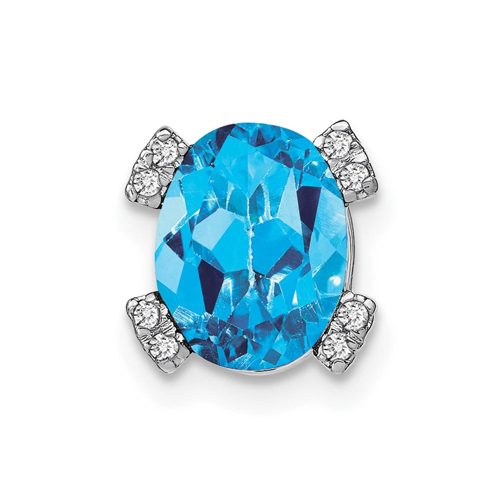 14k White Gold Oval Blue Topaz and Real Diamond Chain Slide