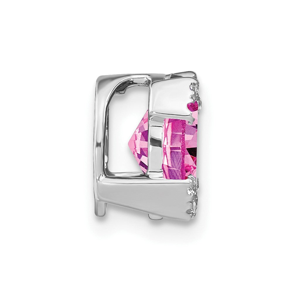 14k White Gold Oval Created Pink Sapphire and Real Diamond Chain Slide
