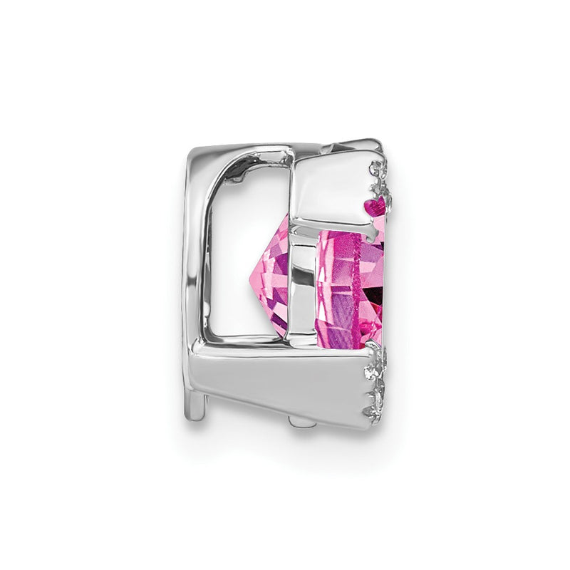 14k White Gold Oval Created Pink Sapphire and Real Diamond Chain Slide