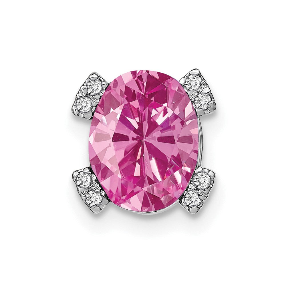 14k White Gold Oval Created Pink Sapphire and Real Diamond Chain Slide