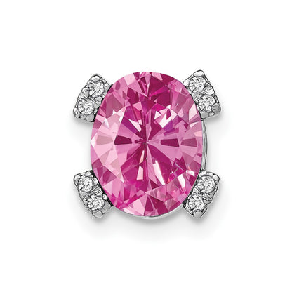 14k White Gold Oval Created Pink Sapphire and Real Diamond Chain Slide