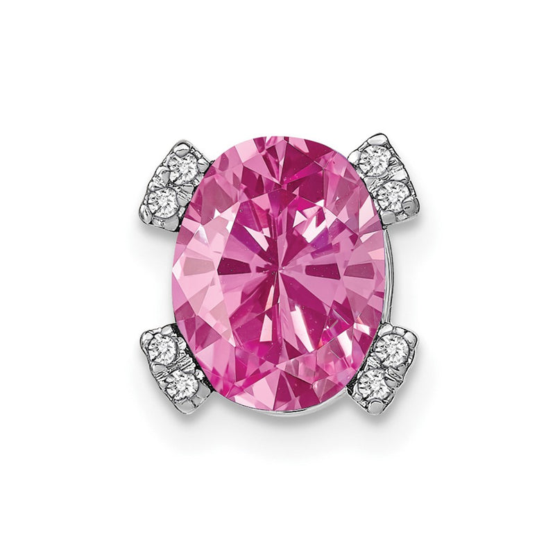 14k White Gold Oval Created Pink Sapphire and Real Diamond Chain Slide