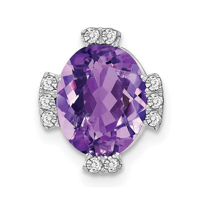 14k White Gold Oval Amethyst and Real Diamond Chain Slide
