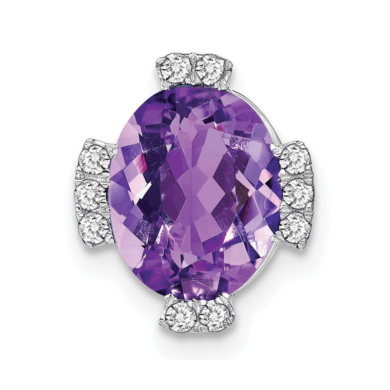 14k White Gold Oval Amethyst and Real Diamond Chain Slide