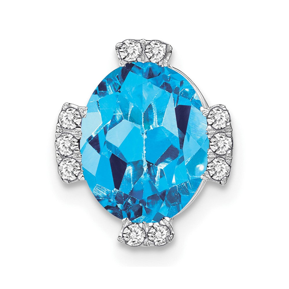 14k White Gold Oval Blue Topaz and Real Diamond Chain Slide