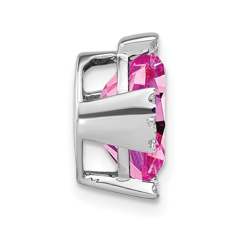 14k White Gold Oval Created Pink Sapphire and Real Diamond Chain Slide