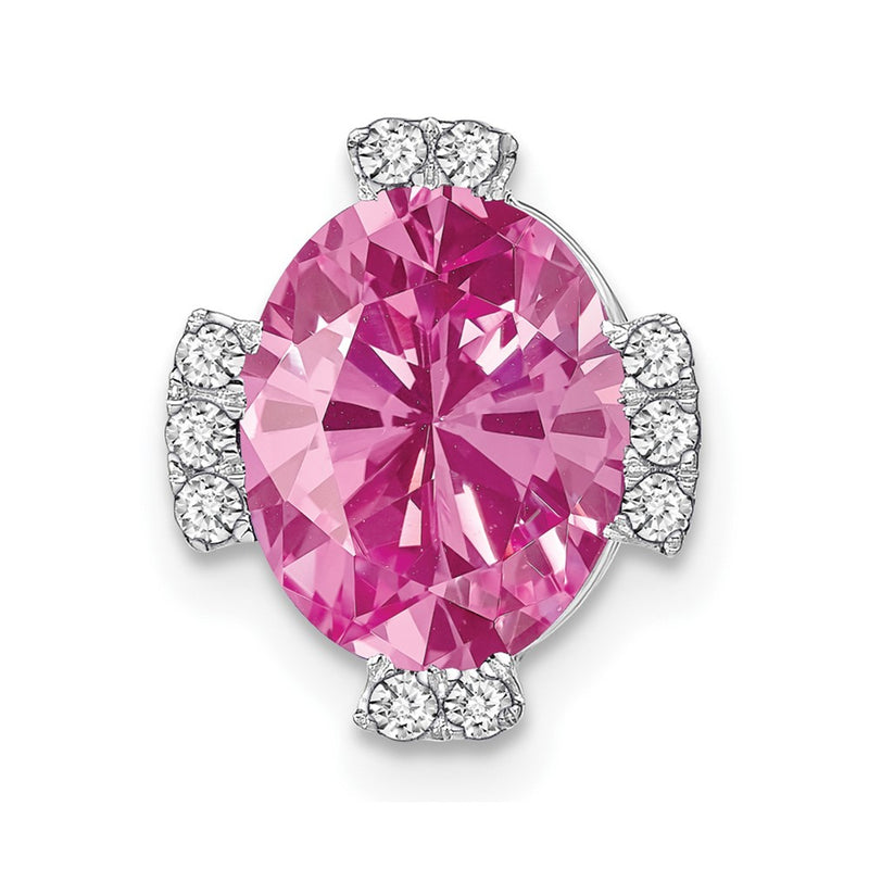 14k White Gold Oval Created Pink Sapphire and Real Diamond Chain Slide