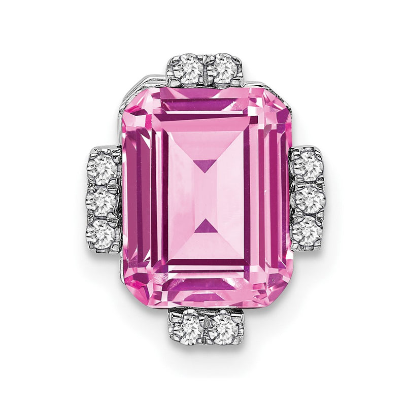 14k White Gold Octagon Created Pink Sapphire/Real Diamond Chain Slide