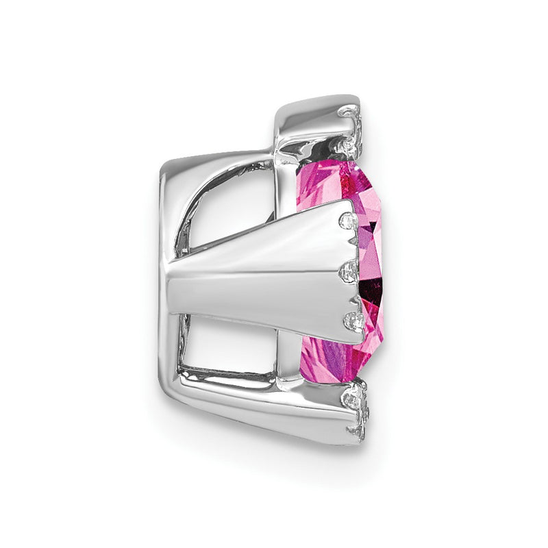 14k White Gold Cushion Created Pink Sapphire/Real Diamond Chain Slide