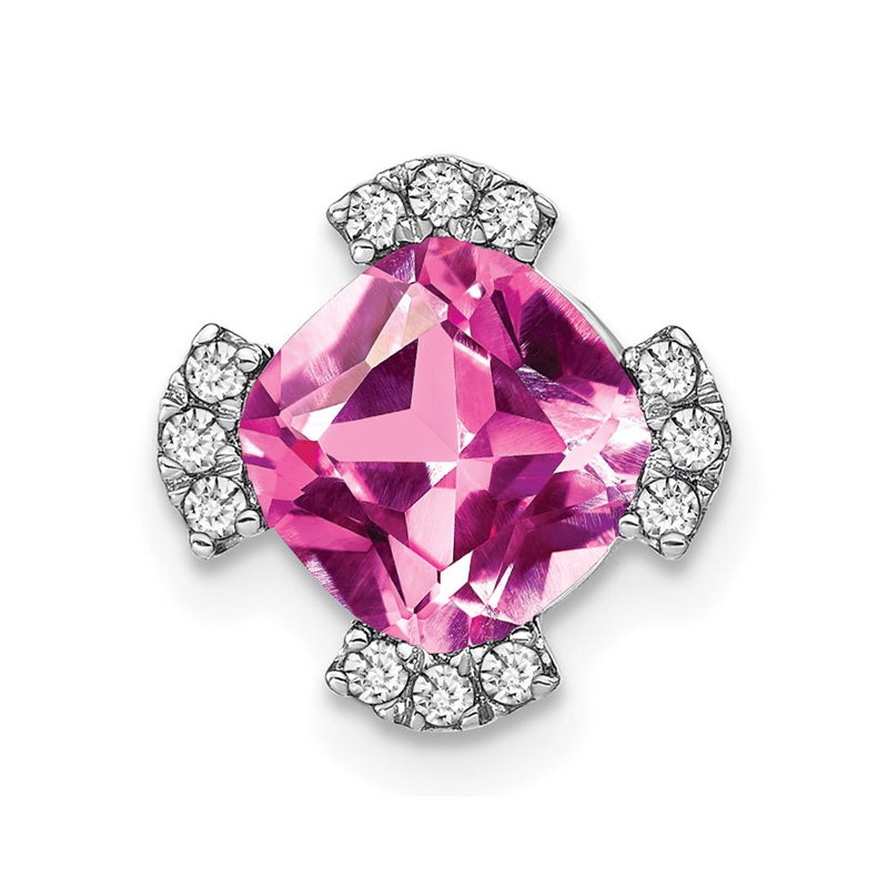 14k White Gold Cushion Created Pink Sapphire/Real Diamond Chain Slide