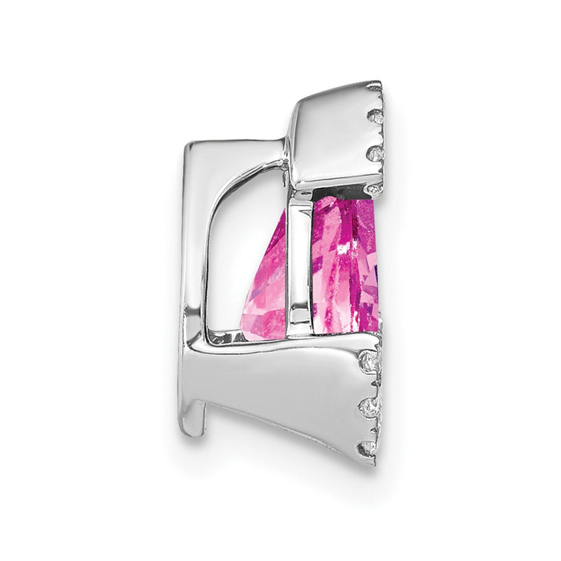14k White Gold Pear Created Pink Sapphire and Real Diamond Chain Slide