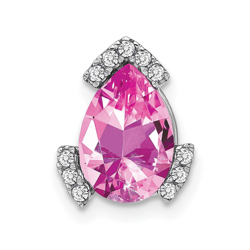 14k White Gold Pear Created Pink Sapphire and Real Diamond Chain Slide