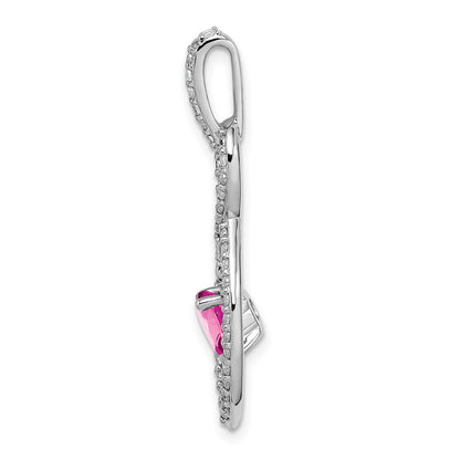 14k White Gold Created Pink Sapphire and Real Diamond Pendant
