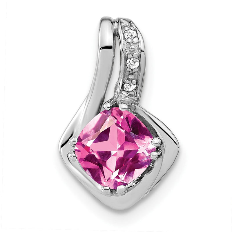 14k White Gold Created Pink Sapphire and Real Diamond Pendant
