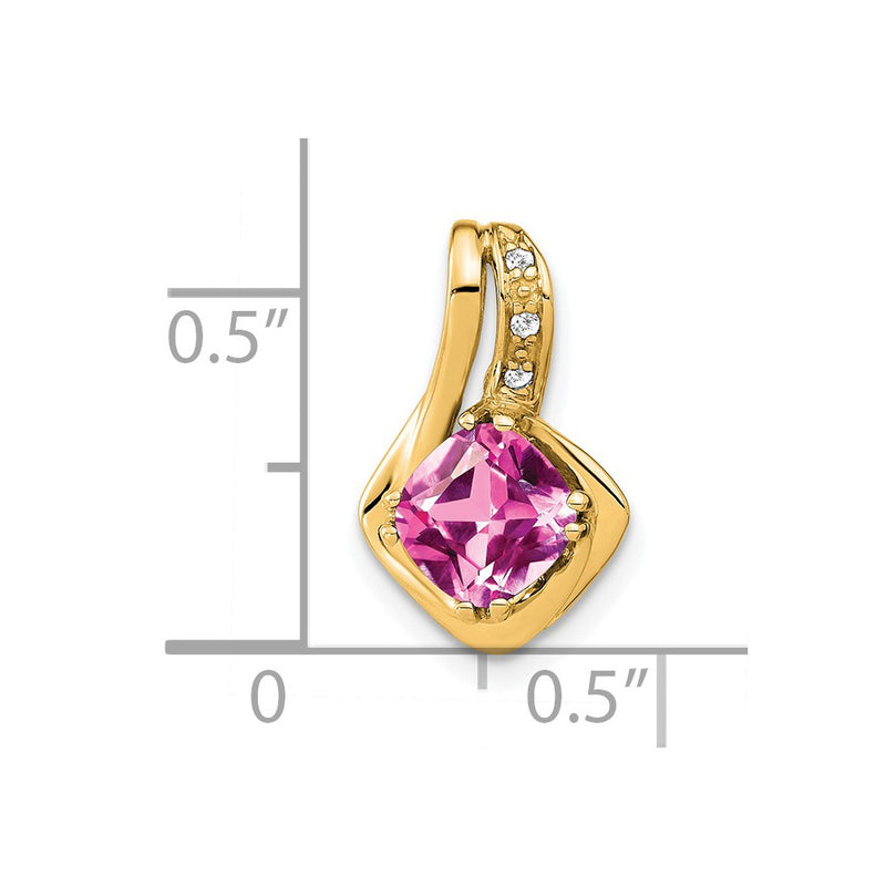 14K Yellow Gold Created Pink Sapphire and Real Diamond Pendant