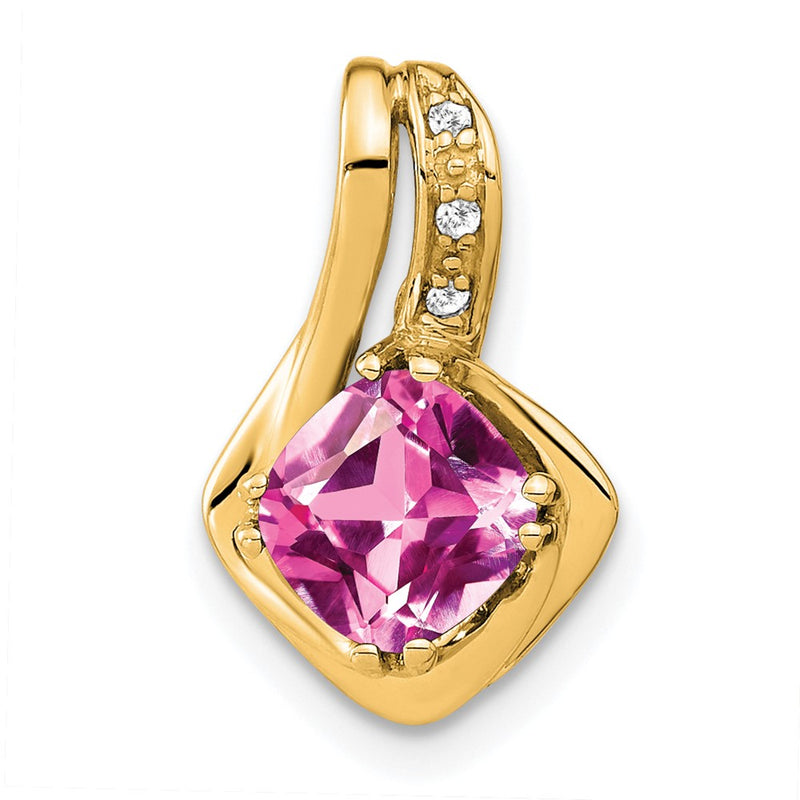 14K Yellow Gold Created Pink Sapphire and Real Diamond Pendant