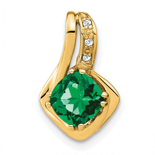 14K Yellow Gold Created Emerald and Real Diamond Pendant