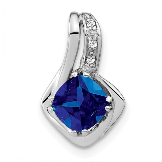 14k White Gold Created Sapphire and Real Diamond Pendant
