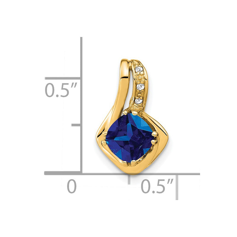 14K Yellow Gold Created Sapphire and Real Diamond Pendant