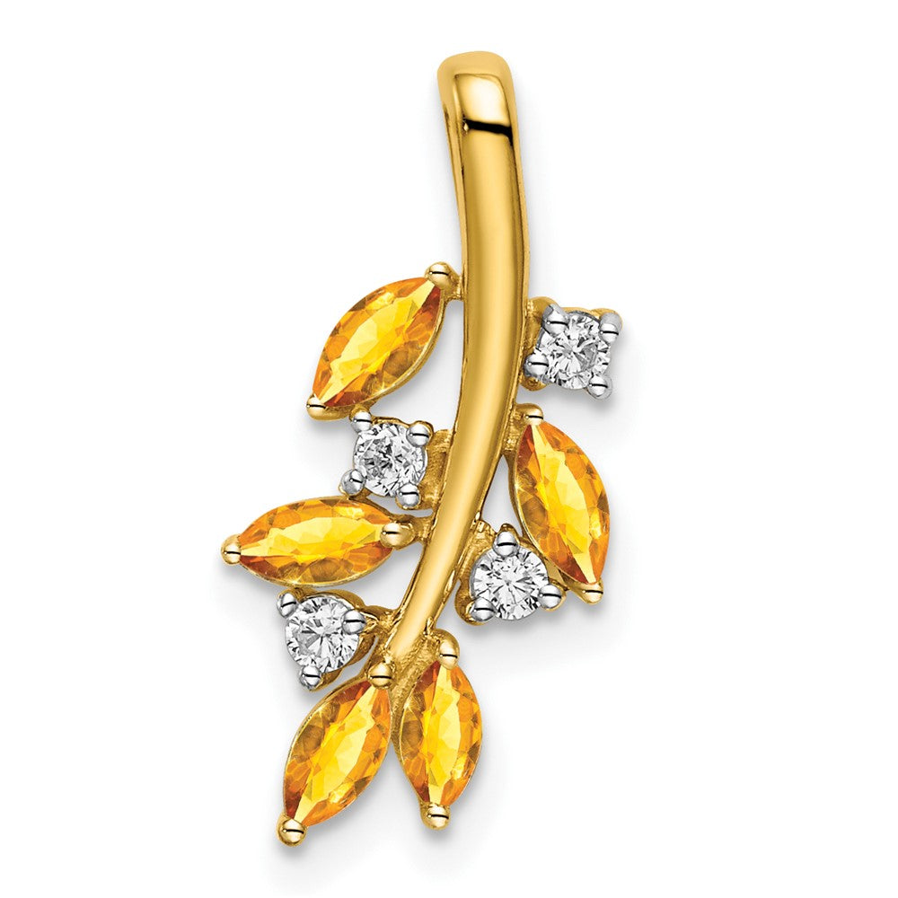 14K Yellow Gold Citrine and Real Diamond Leaves Pendant