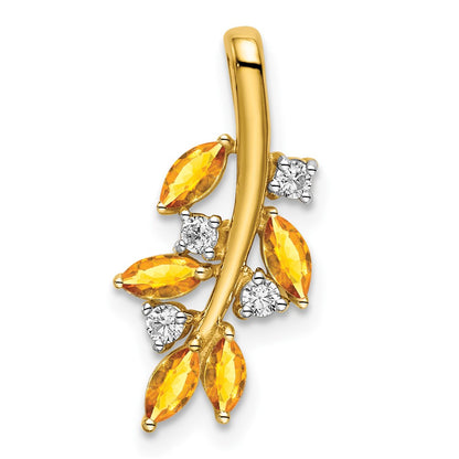 14K Yellow Gold Citrine and Real Diamond Leaves Pendant