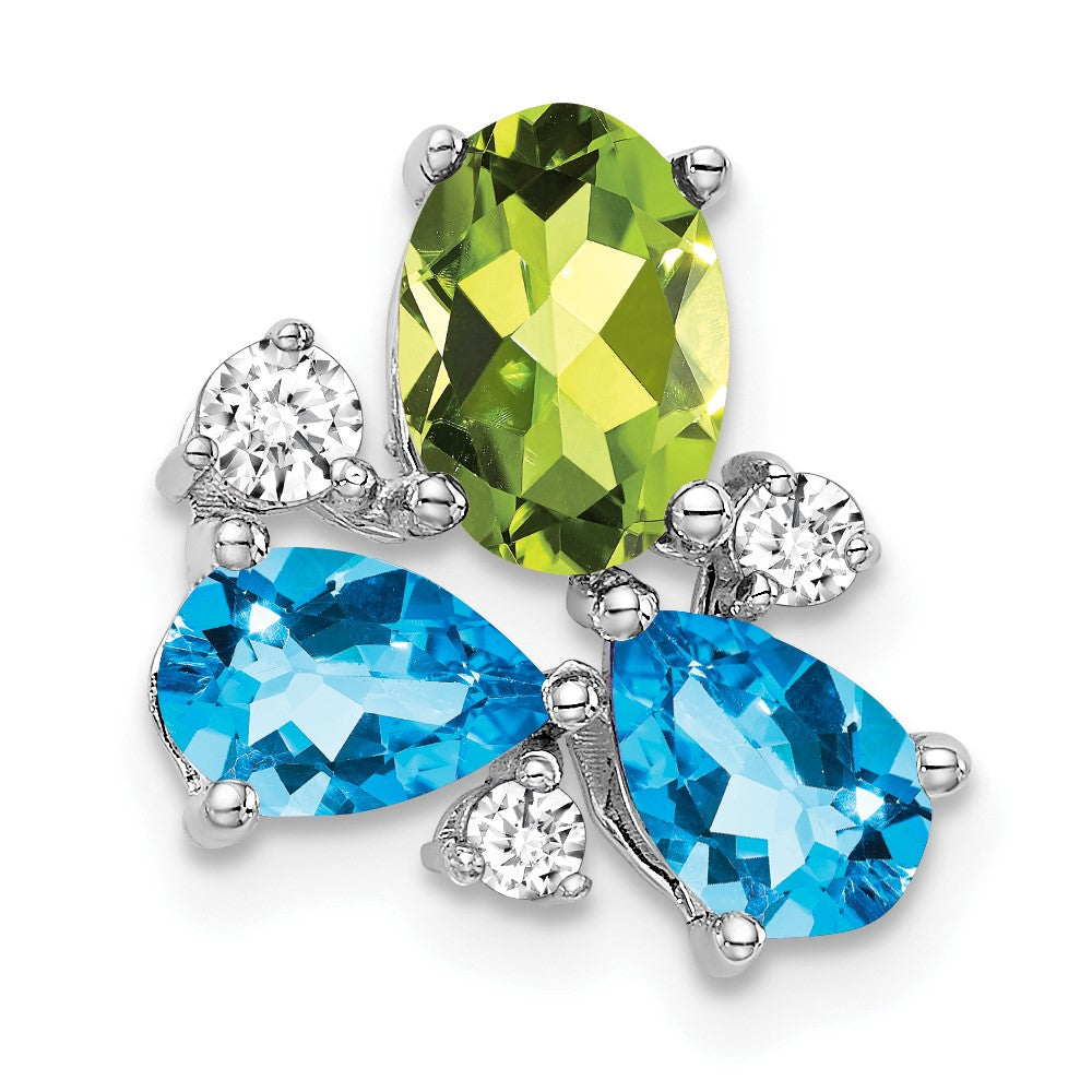 14k White Gold Blue Topaz/Peridot/Real Diamond Chain Slide