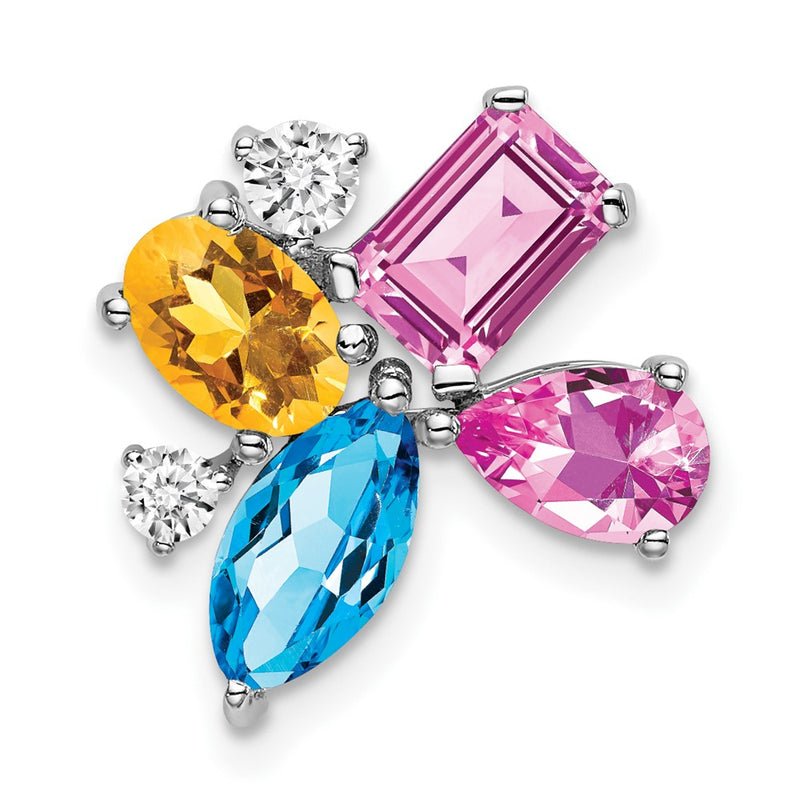14k White Gold Blue Topaz/Citrine/Cr.Pk Saph/Real Diamond Chain Slide