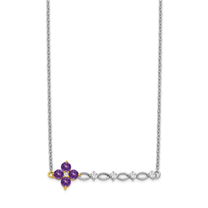 14k Two-Tone Gold Amethyst and Real Diamond 18in. Floral Bar Necklace