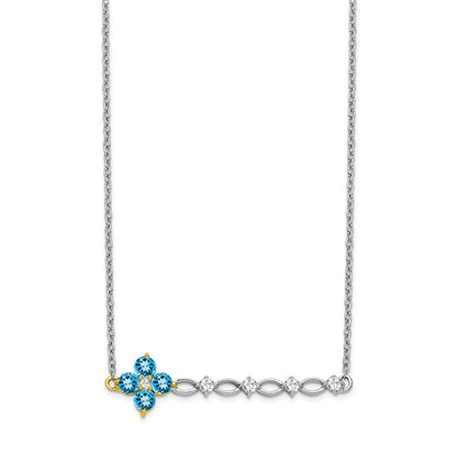 14k Two-Tone Gold Blue Topaz and Real Diamond 18in. Floral Bar Necklace
