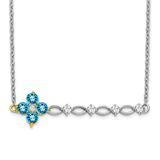 14k Two-Tone Gold Blue Topaz and Real Diamond 18in. Floral Bar Necklace