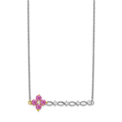 14k Two-Tone Gold Creat. Pink Sapphire/Real Diamond 18in. Floral Bar Necklace