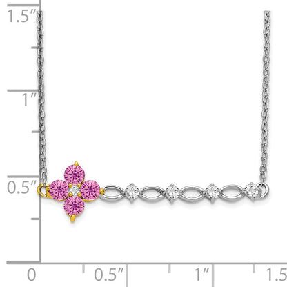 14k Two-Tone Gold Creat. Pink Sapphire/Real Diamond 18in. Floral Bar Necklace
