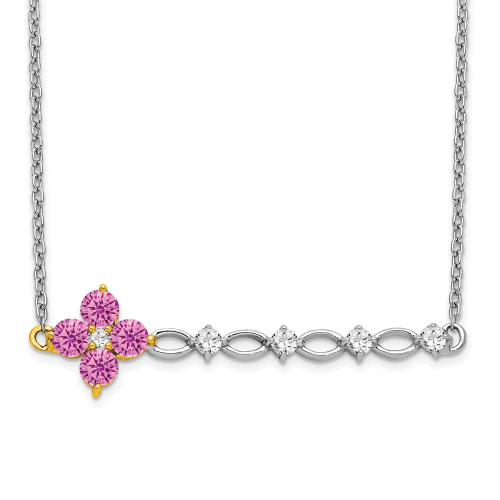 14k Two-Tone Gold Creat. Pink Sapphire/Real Diamond 18in. Floral Bar Necklace