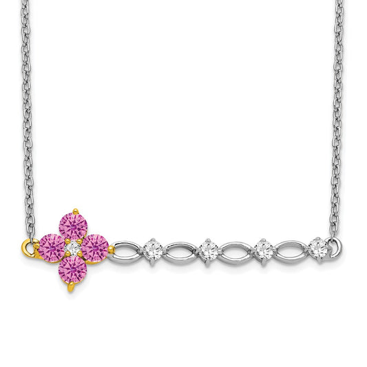 14k Two-Tone Gold Creat. Pink Sapphire/Real Diamond 18in. Floral Bar Necklace