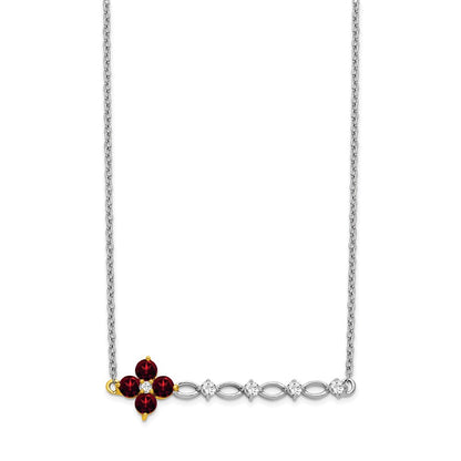 14k Two-Tone Gold Garnet and Real Diamond 18in. Floral Bar Necklace