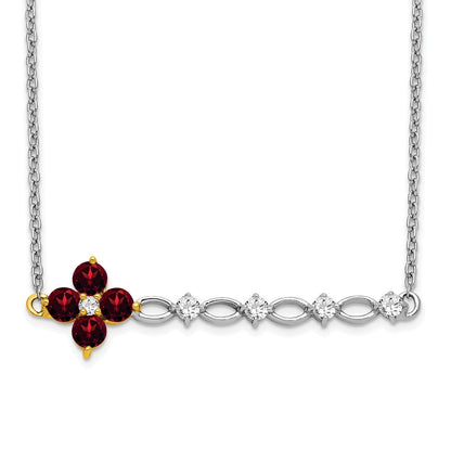 14k Two-Tone Gold Garnet and Real Diamond 18in. Floral Bar Necklace