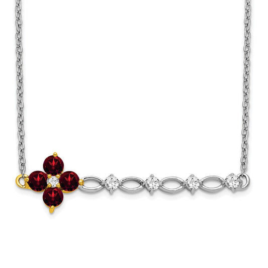 14k Two-Tone Gold Garnet and Real Diamond 18in. Floral Bar Necklace