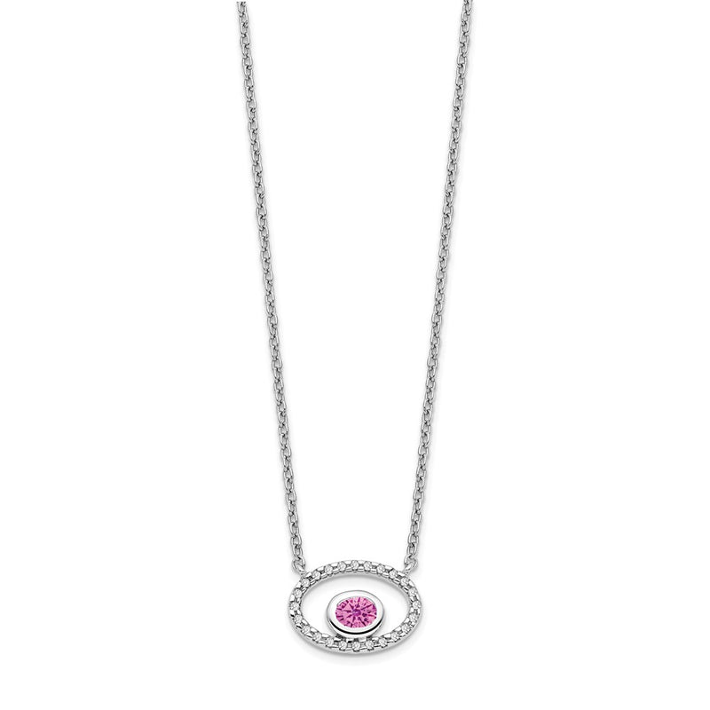 14k White Gold Oval Created Pink Sapphire/Real Diamond 18in. Necklace