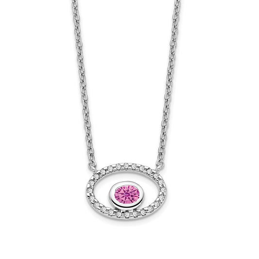 14k White Gold Oval Created Pink Sapphire/Real Diamond 18in. Necklace