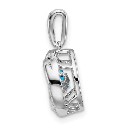 14k White Gold Round Blue Topaz and Real Diamond Pendant
