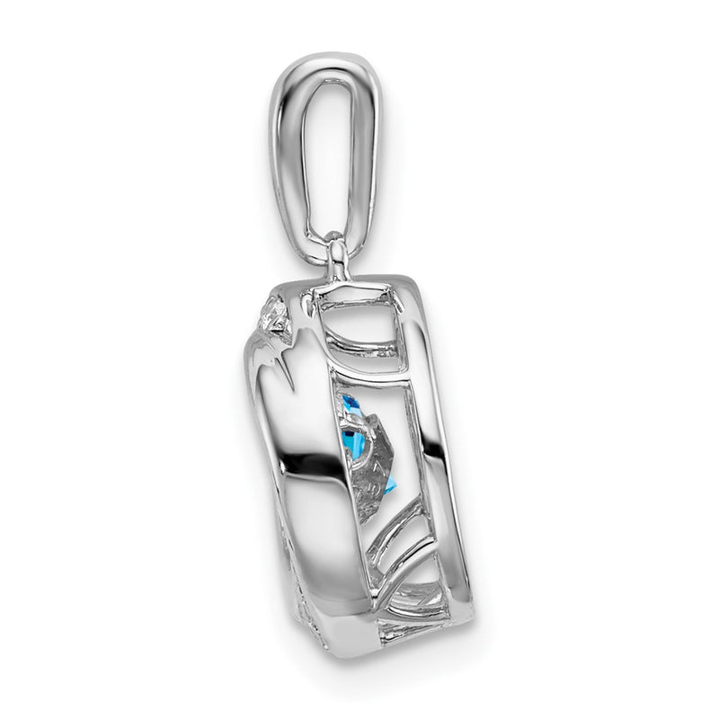 14k White Gold Round Blue Topaz and Real Diamond Pendant