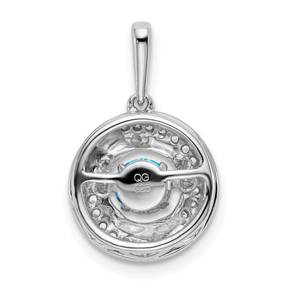 14k White Gold Round Blue Topaz and Real Diamond Pendant