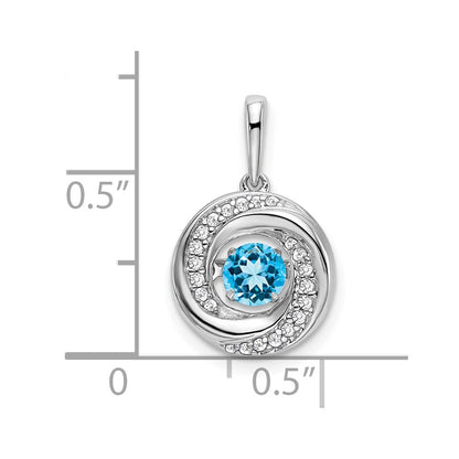 14k White Gold Round Blue Topaz and Real Diamond Pendant